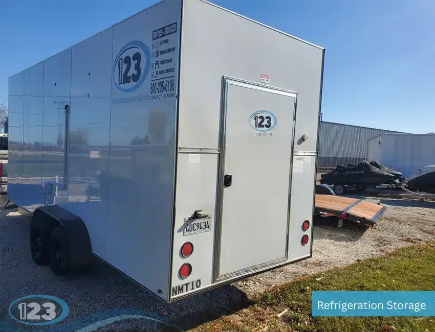 Refrigerated storage trailer with rear door and dual axles