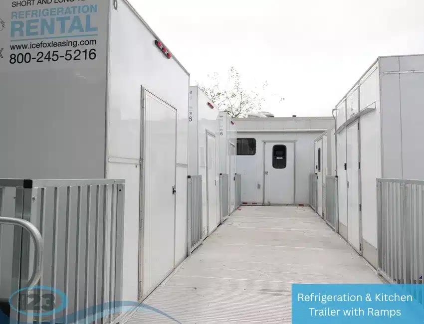 Row of refrigerated trailers with ramp access and side doors