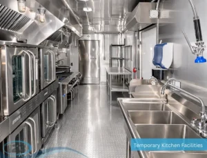 Interior of a commercial mobile kitchen featuring stainless steel workstations, sinks, cooking equipment, and ventilation.