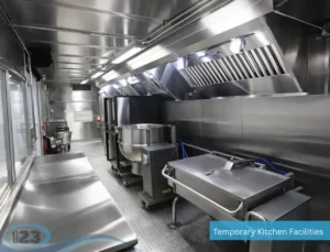 Interior of a commercial mobile kitchen featuring stainless steel prep stations, sinks, and industrial cooking equipment.