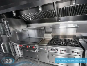 Professional stainless steel gas range and cooking station inside a fully equipped mobile kitchen trailer.