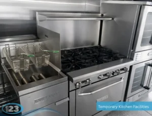 Stainless steel commercial gas range and deep fryer station inside a fully equipped mobile kitchen trailer for high-volume food preparation, catering, and temporary food service operations.