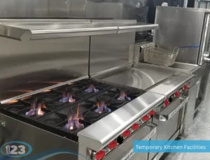 Stainless steel multi-burner commercial gas range designed for temporary kitchens and institutional food service.
