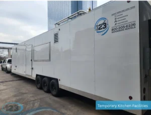 Exterior of a self-contained commercial mobile kitchen trailer for disaster relief, renovations, and emergency food service.