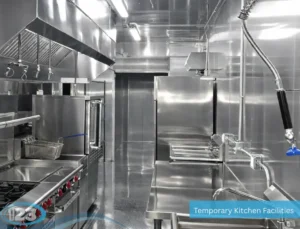 Modern temporary commercial kitchen with stainless steel appliances, prep stations, sinks, and ventilation systems.