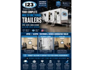 Temporary 123 multifunctional office, commercial kitchen, restroom and shower combination trailer designed for field operations, emergency response, and government projects.