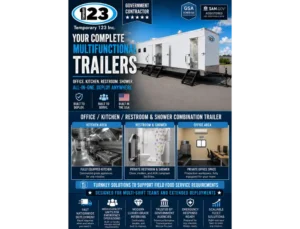 Temporary 123 multifunctional office, sleeper, restroom and shower combination trailer with turnkey mobile facility solutions for government, military, construction, and disaster response.