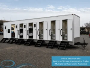 Office, bedroom, restroom and shower combination trailer with multiple interior configurations for workforce accommodations, remote camps, and temporary facilities.