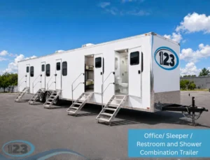 Office, sleeper, restroom and shower combination trailer offering mobile workforce housing and office space for construction, government, military, and emergency response teams